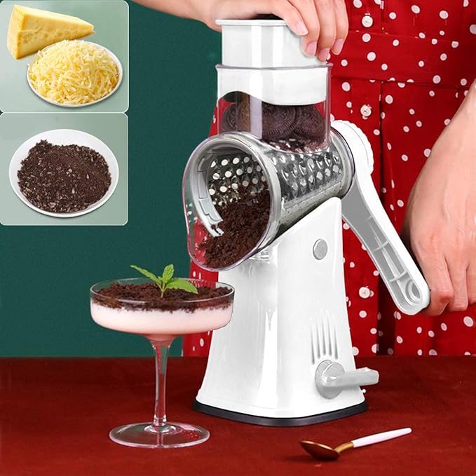 Hand Crank Rotary Cheese Grater Vegetable Shredder Slicer with 5 Blades | Strong sunction base, 5 interchangable sharp drum blades meet various cooking needs, shred block of cheese in seconds