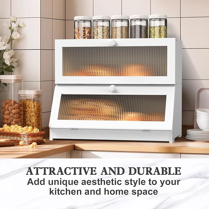 LOHASOK Bread Box for Kitchen Countertop,White | 2-layer, Bamboo, Large, Farmhouse Bread Container Holder Storage, Acrylic translucent window