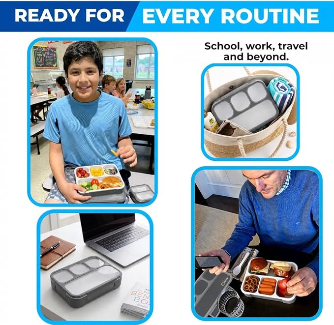 kinsho Bento Lunch Box Container for Kids Adults, Portion Control Meal Prep and Snack Containers, Japanese Style Boxes with 4 Compartments for Boys Teens, School Work and Travel BPA Free | Gray