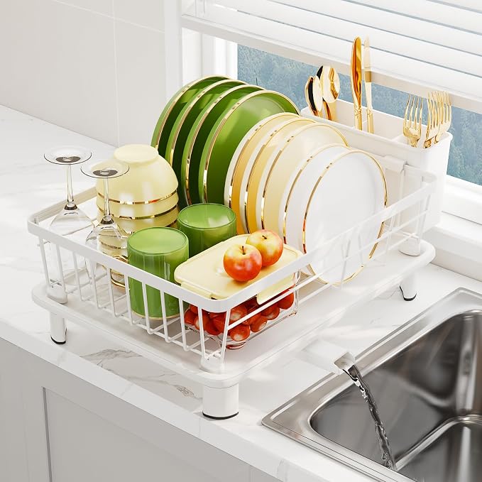 Dish Drainer Rack with Drip Tray, Sink Dish Drainer with Drainage Spout, Stainless Steel Dish Drying Rack with Cups, Utensil & Cutting Board Holders for Kitchen Counter Space-Saving, White