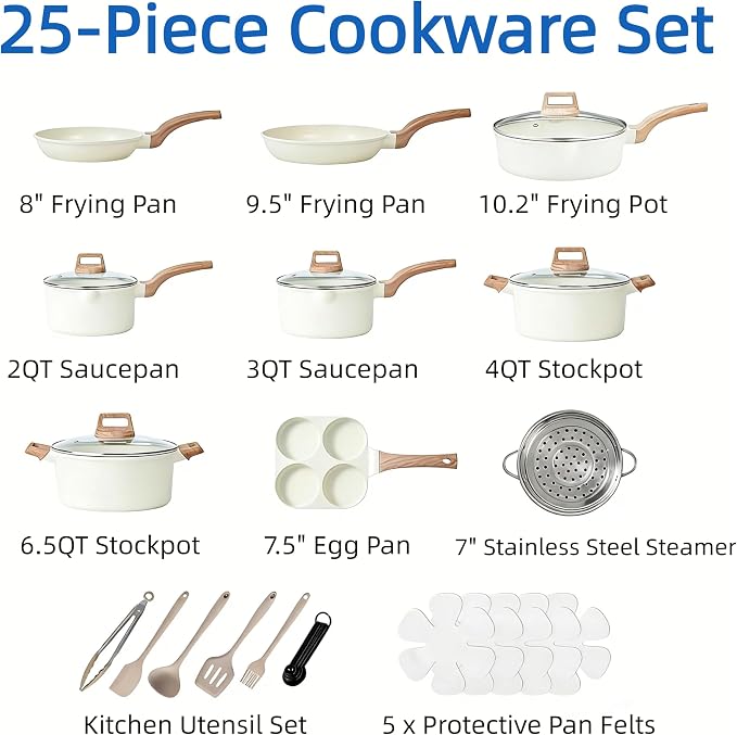 Simple Deluxe 25Pcs Ceramic Cookware Set, Nonstick & Non-Toxic Healthy Pots and Pans, Heat-Resistant Handles, Induction Cookware Sets with Frying Pans, Beige