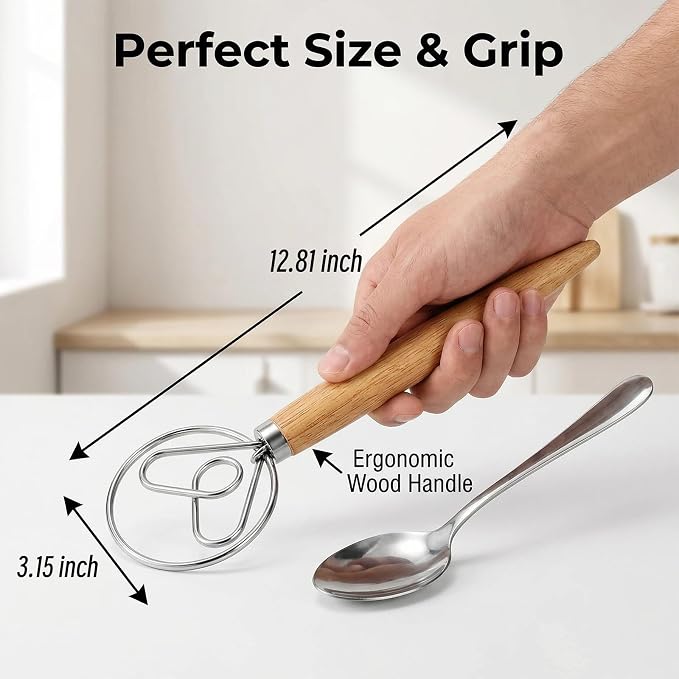 TEEVEA Danish Dough Whisk Wooden Handle Stainless Steel for Sourdough Bread | Dutch Dough Hook, Replaces Hand Mixer and Spoon, Bread Baking Tool, Food Grade Rust Resistant Steel, Non-Stick, Easy to Clean