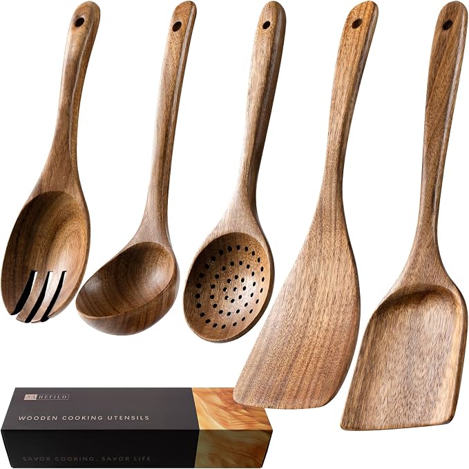 Wooden Spoons for Cooking, 5-Piece Acacia Wood Cooking Utensil Set | Spoons and spatulas stir, mix, flip and serve; balanced handles offer control while staying gentle on nonstick cookware.