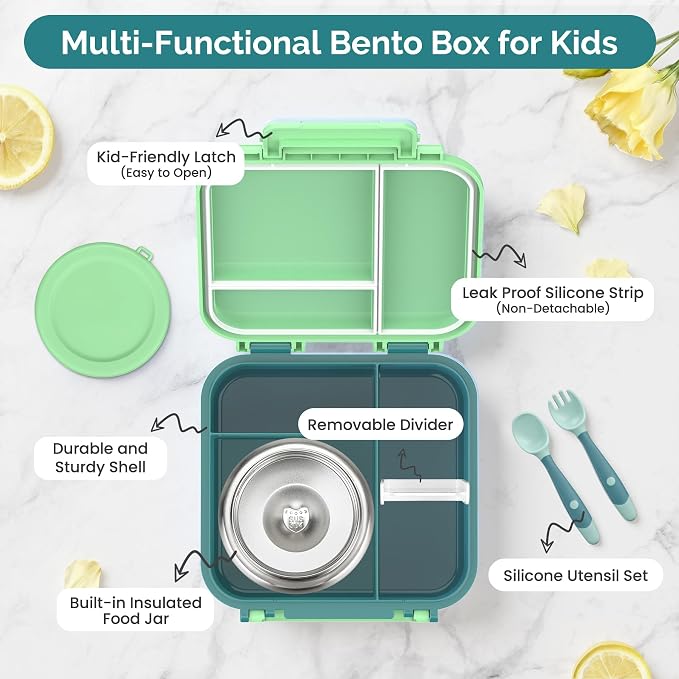 Kids Bento Lunch Box with Soup Thermo (9oz)– Hot & Cold Lunch Container with Leak Proof Insulated Food Jar for School Girls Boys, Ideal Size for Ages 3 to 7, Green