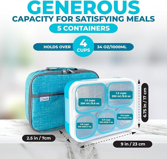 Stainless Steel Kids Bento Lunch Box with Insulated Bag & Ice Pack for Toddler Daycare, Kids or Adults, Leak Proof School Meal Container, Snack Food Containers, 5 Compartment Snackle-box 34 Oz Blue