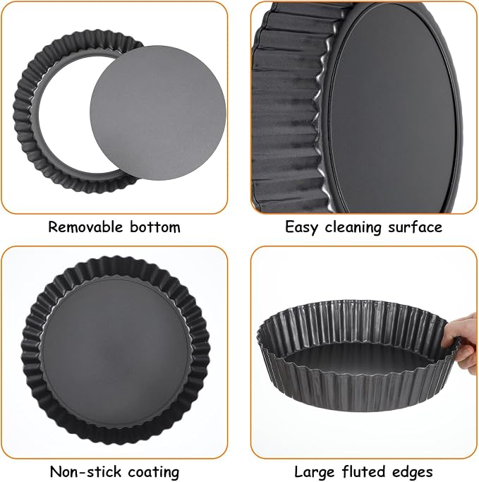 3 PCS Pie Pan with Removable Bottom 9.5 Inch Non Stick Carbon Steel Pan for Baking Quiche Cheesecake Desserts Fluted Edges Oven Pies