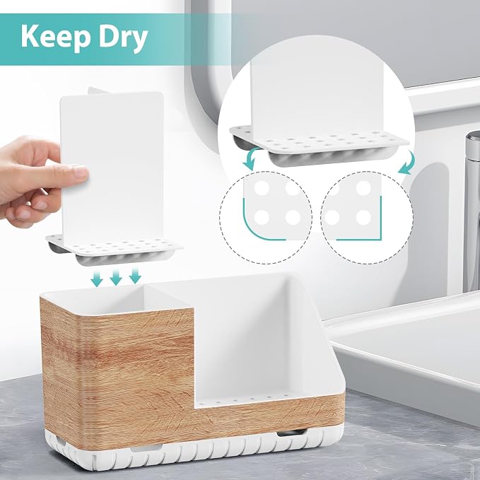 Toothbrush Holders for Bathrooms Countertop Organizer (Wood Grain) | Easy To Clean, Drainage, Non-Slip, Detachable, Kids Electric Toothbrush and Toothpaste Holder