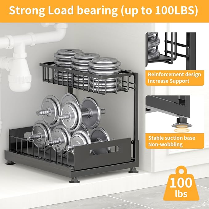 2-Pack L-Shaped Under Sink Organizer, 2-Tier Pull-out Cabinet Rack | Black Height-Adjustable Steel Rack, Sliding Grid Drawers with PP Liners, Holds 100 Lbs, Suction Base, Ideal Kitchen Storage