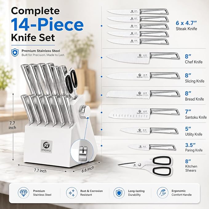 imarku 14-Piece Knife Set with Block, Pro power, home ease | Pro sharp high carbon steel. Self-sharpens easy. Ergo grip no fatigue. Safe non-slip home prep. Gift for homewarming