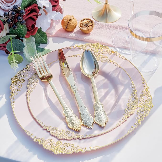 Nervure 175Pcs Pink Plastic Plates, Disposable Party Plates for 25 Guests | 25 7.5" Dessert & 25 10.25" Dinner Plastic Plates, 75 Gold Cutlery, 25 9oz Cups, 25 Napkin for Wedding & Party, BPA-free