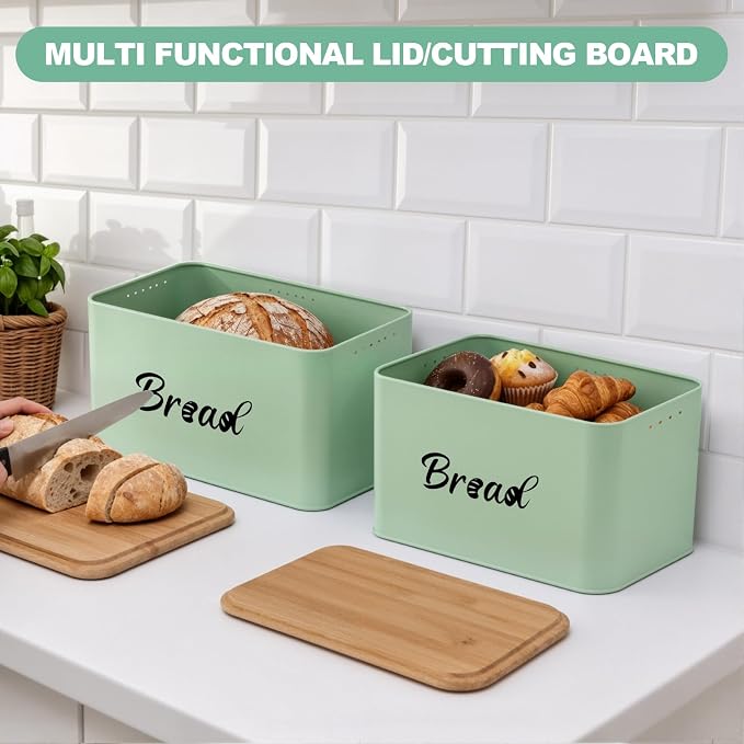 Metal Bread Box Set of 2 with Bamboo Lid, Modern Bread Storage Containers with Air Vents, Bamboo Cutting Board Lid, Farmhouse Kitchen Decor Organizer for Countertop, 2-Size (Large & Small)Sage Green