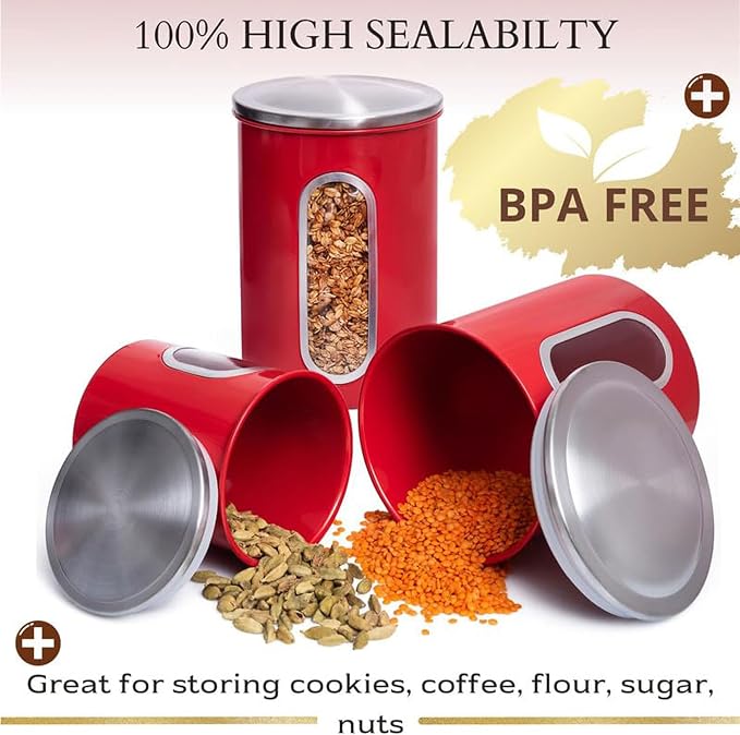 Mixpresso 3-Pcs Red Canisters Set for Kitchen Storage Airtight Jars | See-through window, coffee container, tea organizer, sugar canister, 3 nesting sizes, counter decor, easy press-on lids