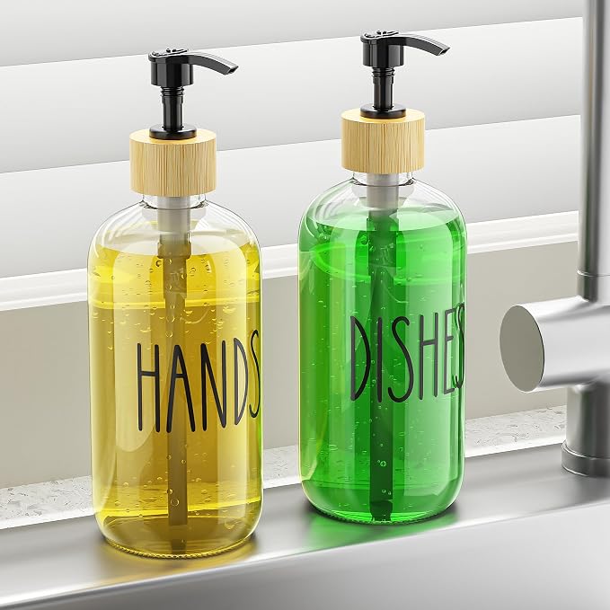 Cisily Kitchen Dish Soap Dispenser Set with 2 Pack 16.9oz Amber Glass Bottle and Sponge Holder, Dish Soap Dispensers with Adjustable Sponge Holder, Vintage Hand and Dish Soap Dispensers Set