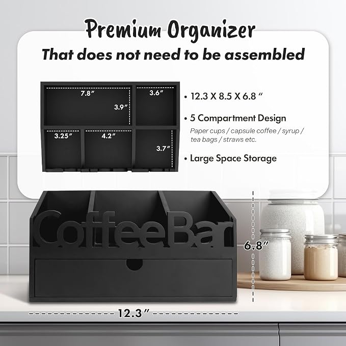 Coffee Bar Organizer Countertop, Wooden Coffee Station with Black Drawer | Coffee Pods, Tea Bags, Creamers & Condiments