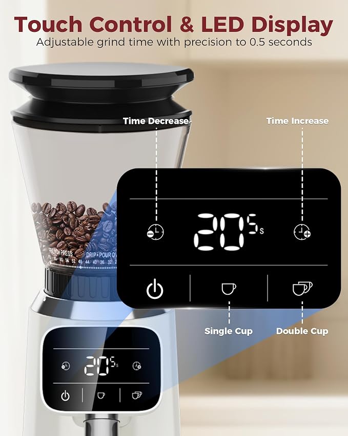 Tuni G2 Conical Burr Coffee Grinder with 70 Grind Settings, Ivory | Anti-static Burr Mill, Precision Electronic Timer and LED Touchscreen for Espresso/Drip/Cold Brew/French Press