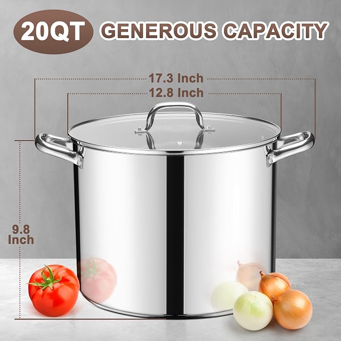 E-far 20 Qt Large Stock Canning Pot, Stainless Steel Stockpot with Lid for Boiling Cooking Soup Stew, Heavy Duty Tri-Ply Bottom Works w/Induction, Commercial Grade & Dishwasher Safe