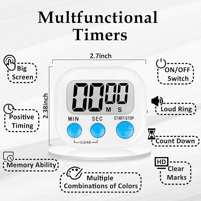 ZILLEEN Digital Kitchen Classroom Timers for Kids Cooking 12pcs Wht Grn Pk | Strong Magnetic, Large Screen, Big Button, Count Up/Down, Loud Alarm, Teacher Classroom Must Haves Supplies