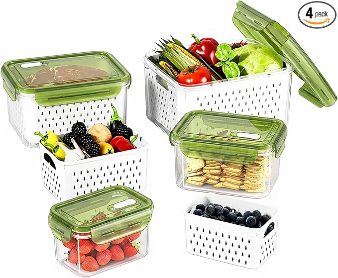 Fruit Storage Containers for Fridge with Removable Colander, Food Storage Containers with Lids, Dishwasher & Microwave Safe, Keep Berry Fruit Vegetable Meat Fresh Longer (Clear Body/Green Lid)