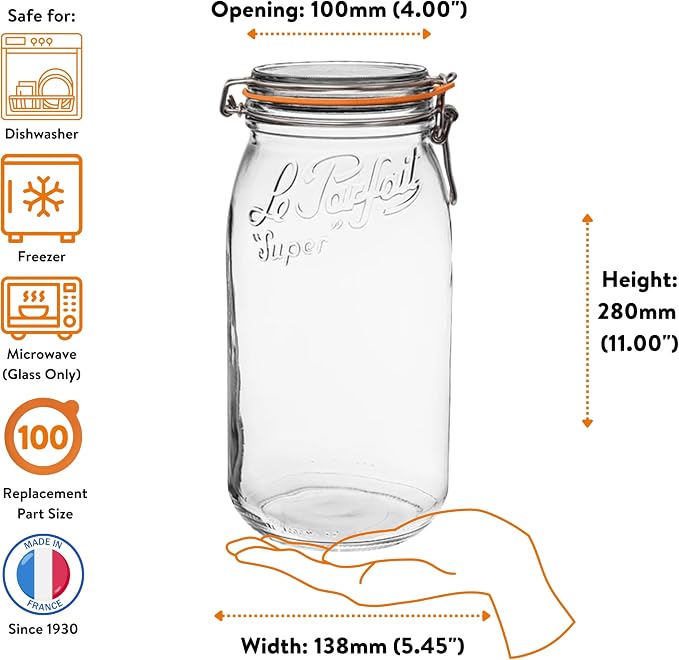 Le Parfait Super Jar 3L (96oz) Glass Canning Jar, Wire Bail Lid, 1 Pack | Airtight rubber seal for canning, preserving pickles, sauces and whole fruit, fermentation and pantry storage; Made in France