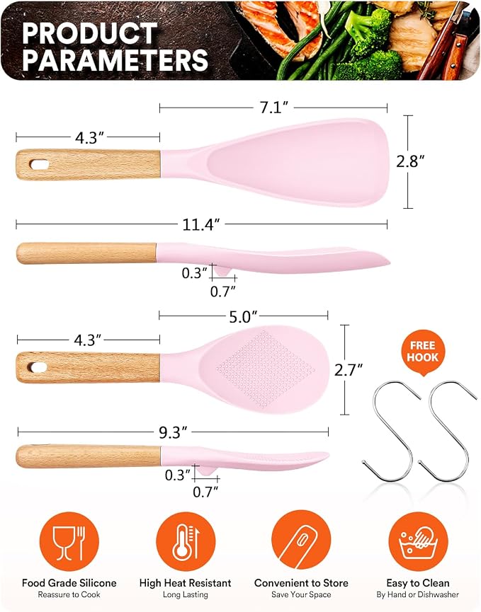 Cooking Spoon and Rice Scooper for Nonstick Cookware,Multi-function | Great for Cooking and Serving, Sturdy BPA-Free Matte Silicone, Wood Handle Spoon for Mixing, Scoop, and Scrape,9.3"+14.3"
