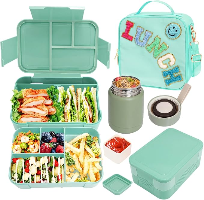 PainZieteg Lunch Box for Girls with 10oz Thermo 6 Compartment Bento Set | Nylon Insulated Lunch Bag with Adjustable Strap, Ideal for Kids, Teens School, Travel, Picnic, Leakproof Thermal Pouch, Green