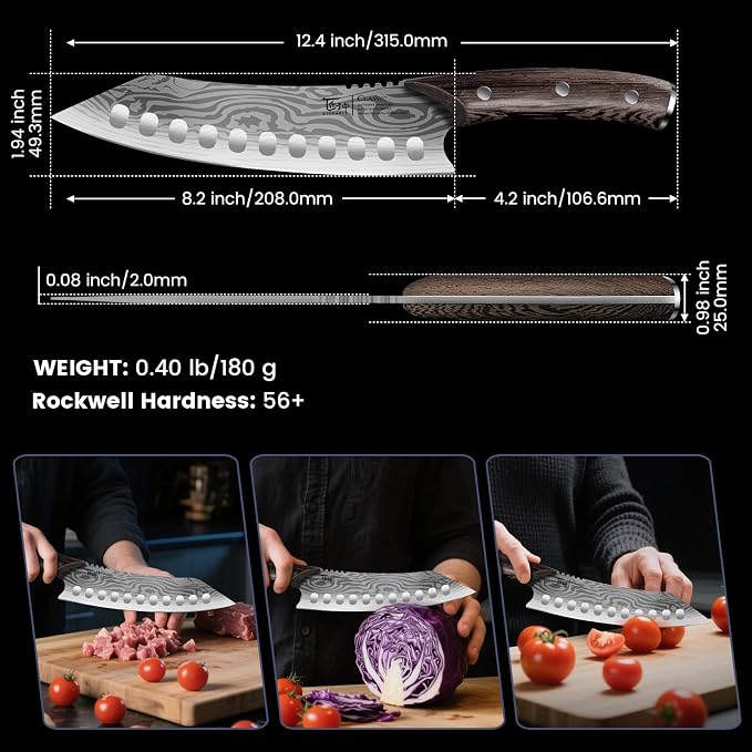 Japanese Kitchen Knife, 8.2 Inch Chef Knife, Carbon Steel Kiritsuke | Razor Sharp Santoku for Precision Cutting, Damascus Pattern, Full Tang Wood Handle, Housewarming Cooking Gifts