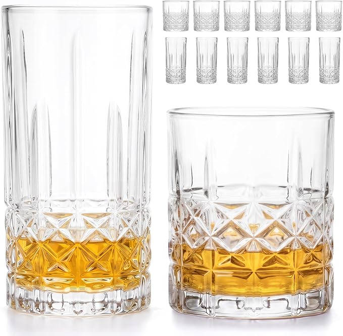 Moretoes Drinking Glasses, 12 Piece Crystal Glass Cups | Mixed Glassware Set, 6 Crystal Old Fashioned 10oz and 6 Highballs Glasses, Great for Cocktail, Whisky and Other Beverages