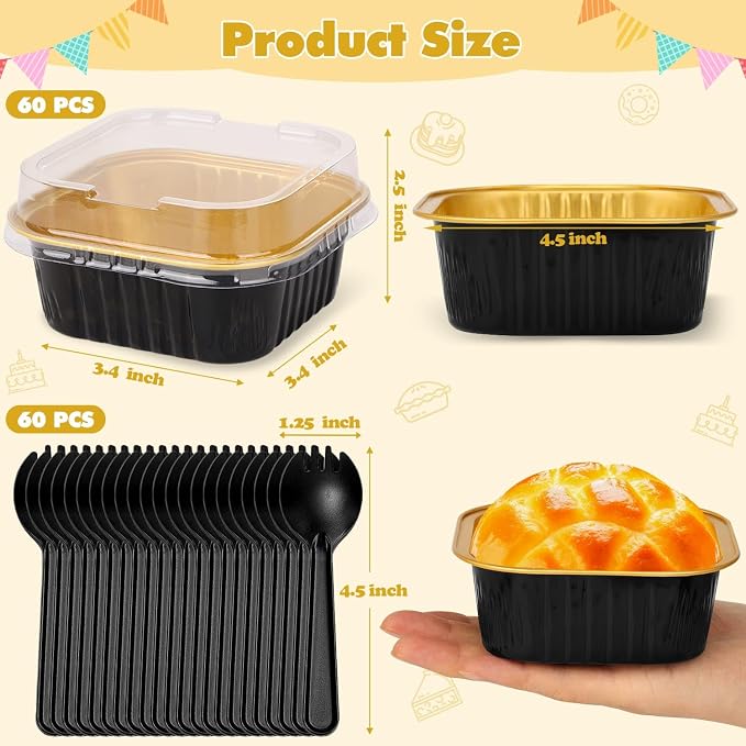 selizo 60 Pack 10oz Mini Disposable Cake Pans with Lids, Aluminum Foil Square Baking Cups, 4.4x4.4 Large Baking Cake Tins Cup Cake Containers with Lids for Individual Cakes, Black