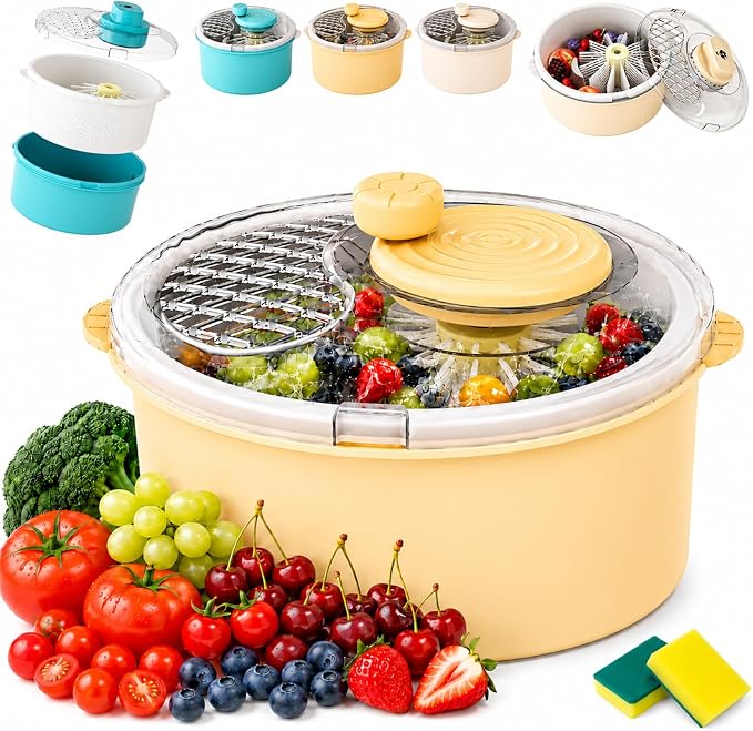 Electric Fruit Cleaner Spinner, 2-in-1 Salad Spinner, Strainer & Food Dryer, Multifunctional Fruit & Vegetable Washing Spinner Bowl, Home One-Touch Cordless Produce Cleaner Device (Yellow,Manual)