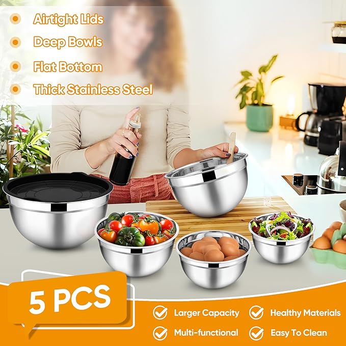 TeamFar Mixing Bowls Set of 5, Stainless Steel Metal Salad Bowls with Lids | 4.5/3/1.5/1/0.7 QT, Nesting Bowls, Ideal for Mixing Prepping Serving, Non-Toxic & Sturdy, Airtight Lid & Easy Clean, Black