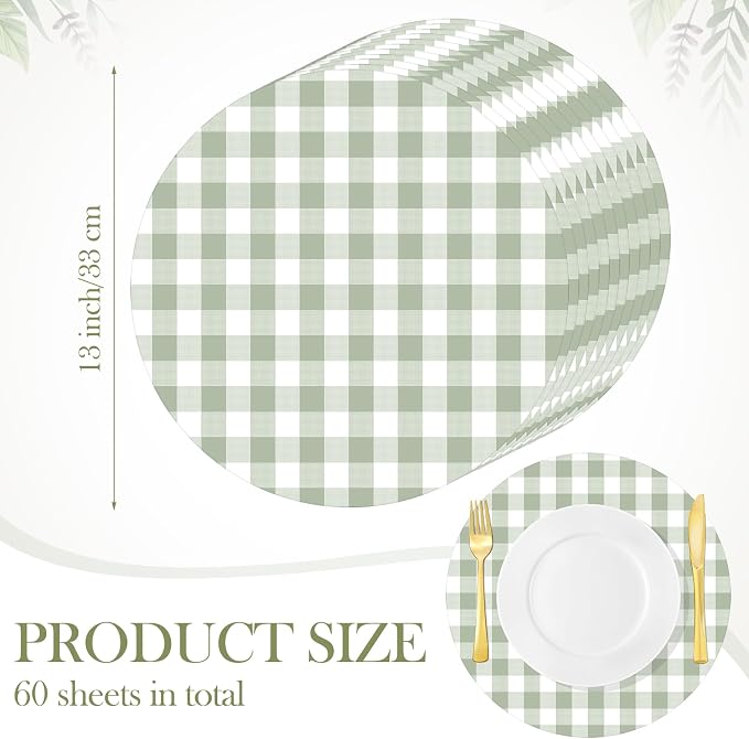 Funnymoom 60 Pcs Green and White Gingham Disposable Paper Placemats Round Table Place Mat Summer Checkered Decorative Paper for Baby Shower Wedding Birthday Party Dinner Table Decor