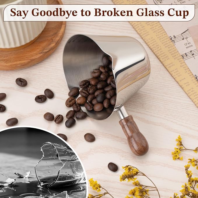 Amrules Espresso Cup, 6.8 oz/200 ml Stainless Steel Coffee Shot Measuring Cup with Wood Handle, Double V-Shaped Mouth and Clear Scale for Cappuccino Barista Coffee Bar Accessories, Silver