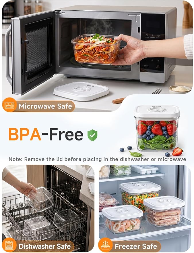 FEPPO Vacuum Sealers Containers for Food Storage, 3 Pcs Set [1* Small, 1* Medium, 1* Large] Works with Handheld Compact Vacuum Sealer Machine for Fridge, Freezer & Pantry, BPA-Free, Date Tracking Lid