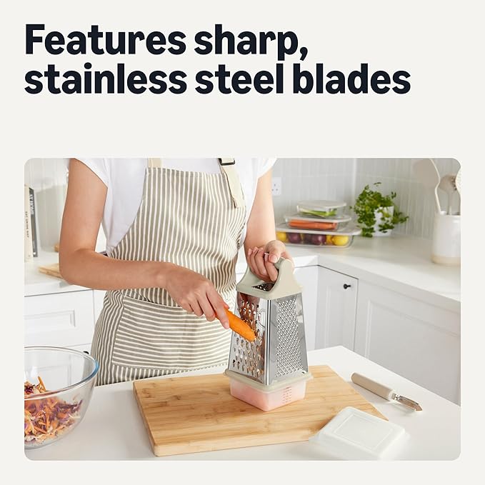 Amazon Basics 4-Sided Cheese Grater with Measurement Container, Stainless Steel, Dishwasher-Safe