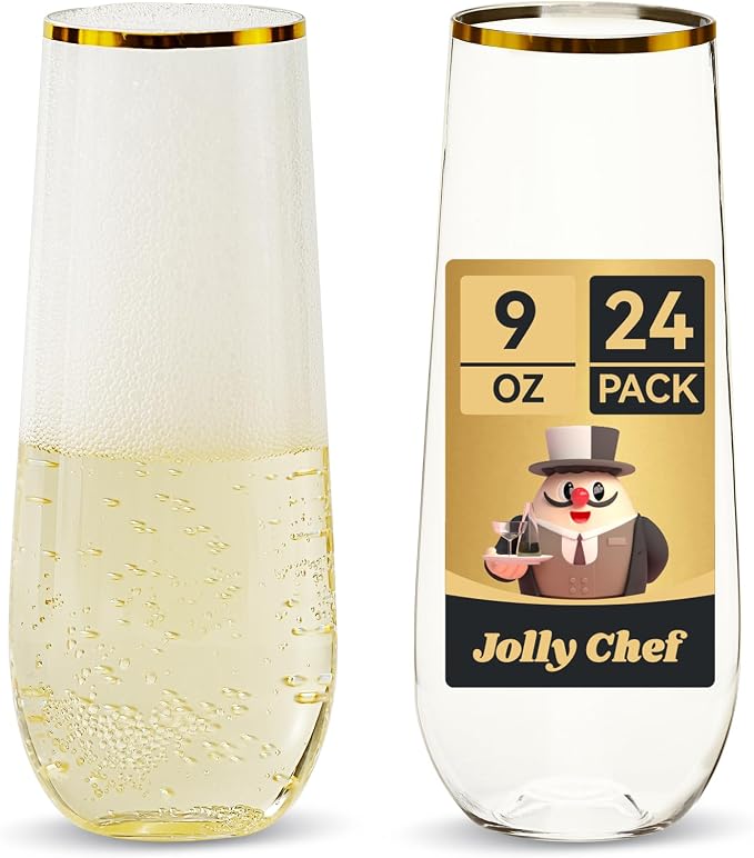JOLLY CHEF 24 Pack 9 oz Stemless Plastic Champagne Flutes Gold Rim Glasses | Disposable Plastic Toasting Glasses Shatterproof Recyclable, Disposable Unbreakable Drinkware for Party, Wedding, Birthday