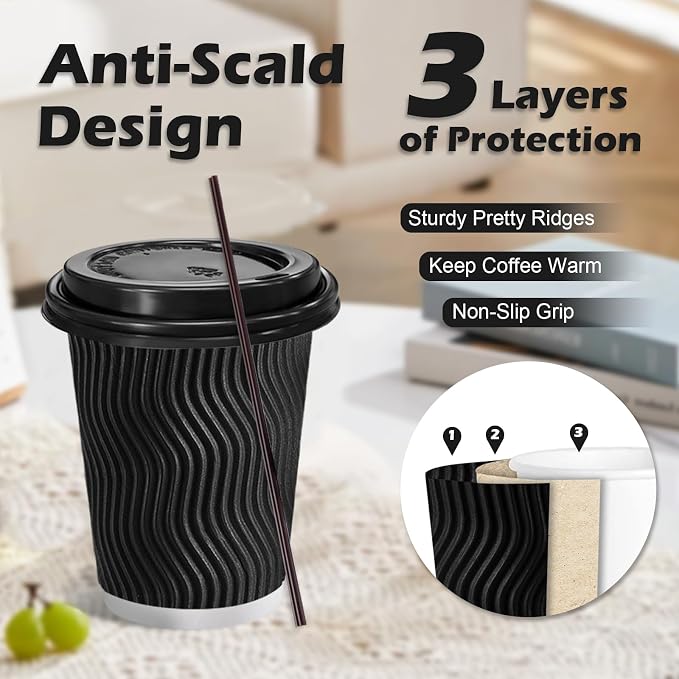 Lamosi 50 Pack 8 oz Disposable Coffee Cups with Lids and Straw, Black | Insulated Corrugated Ripple Wall Hot Cups with Lids for Hot Drink, Office, Coffee Bars, Meetings, and Short To-Go Use