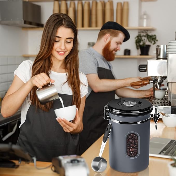 ROCKY&CHAO 2800ML Coffee Canister with Date Tracker&Transparent Window, 35OZ Coffee Container with 30ML Measure Spoon&4 co2 Valve, Coffee Bean Storage Container for Grounds Coffee, Beans, Tea(Gray)