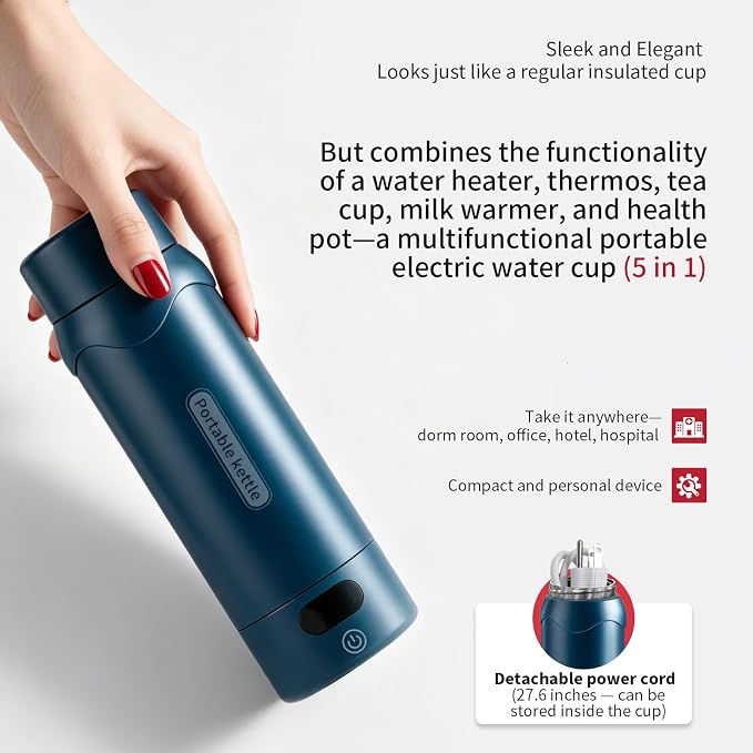 Travel Electric Kettle, Insulated Water Bottle with 4 Temp, Dark Blue | 316 Stainless Steel Liner, 400ml, Auto Shut-Off & Leak-proof, Mini Travel Essentials Portable Office Gifts for Tea Lovers
