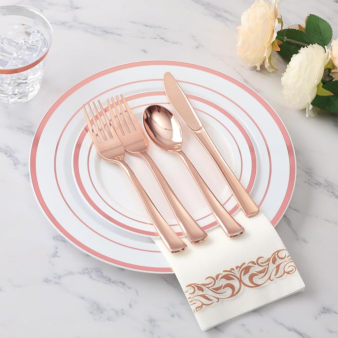 175 Pcs Rose Gold Disposable Party Dinnerware Sets for 25 Guests | Plastic Plates Disposable Include: 25 Dinner Plates, 25 Dessert Plates, 25 Paper Napkins, 25 Cups, 25 Silverware Set