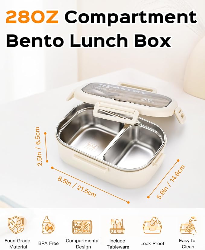 Lille Home 28oz Stainless Steel Leakproof 2-Compartment Bento Lunch Box | Portion Control Metal Lunch Box Food Container with Lunch Bag and Cutlery Set, BPA Free (Beige)