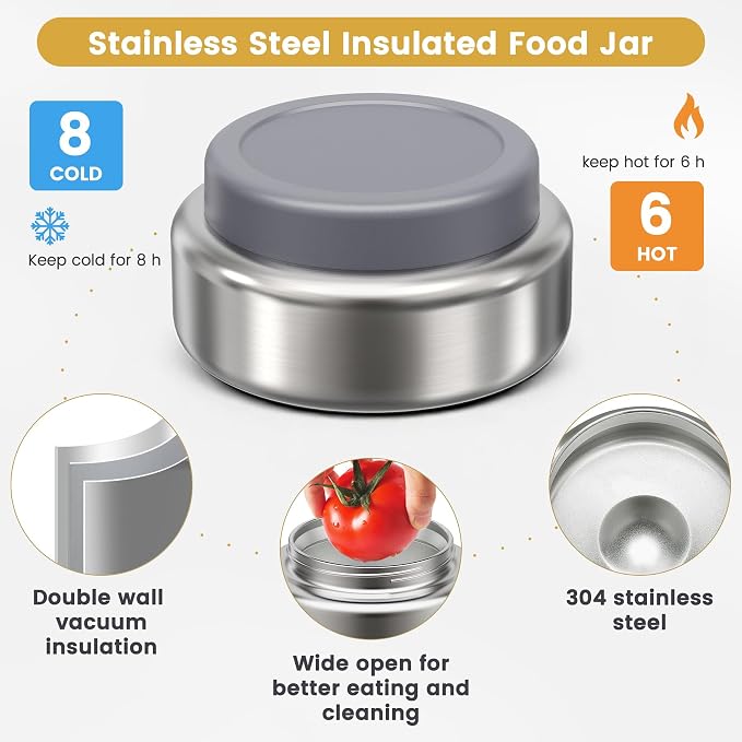 Stainless Steel Bento Box Kids Adult with 7oz Soup Thermo, Transparent Lid 3 Compartments Metal Bento Lunch Box with Insulated Food Jar,Lunch Box Container Sauce Cup for School,BPA-Free(Grey)