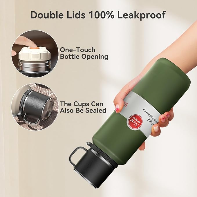 Stainless Steel Insulated Bottle, Vacuum Insulated Water Bottle, Hot Drinks Cold Drinks with Separate Tea Compartment, 24-Hrs Insulation Commute Travel (Green,50oz/1500ml)
