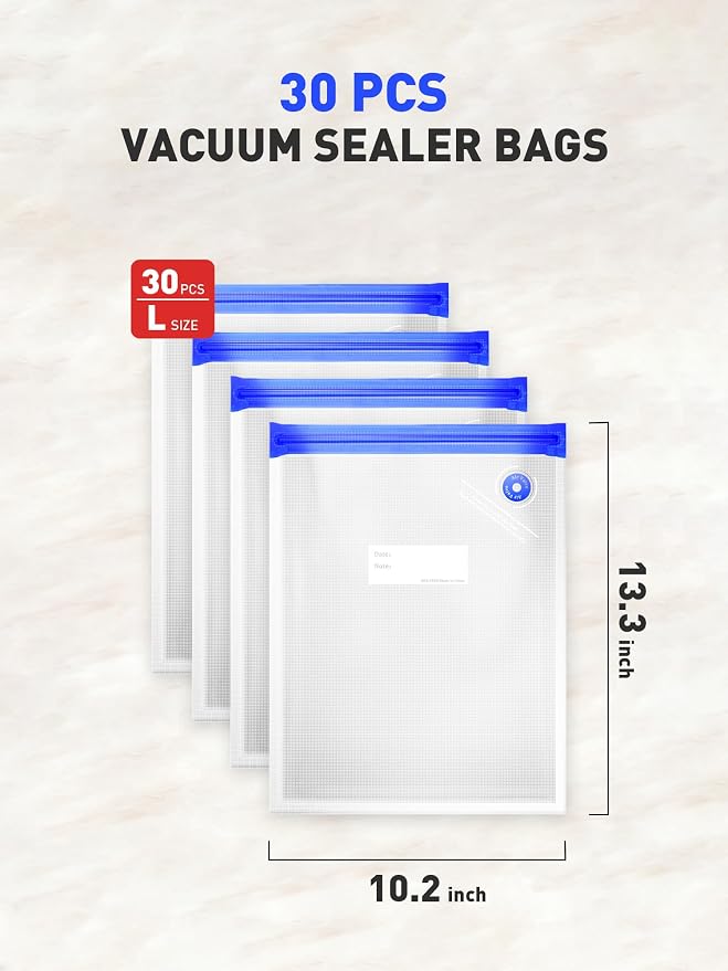 30 Pcs Reusable Vacuum Sealer Bags for Food, L-Size (10 x 13in) BPA-Free Vacuum Storage Bags with Sealing Clips & Leak-Proof Design for Sous Vide Cooking, Freezer, Microwave Heating