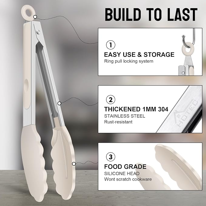 HOTEC Premium Stainless Steel Locking Kitchen Tongs with Silicon Tips, Set of 2-9" and 12",Khaki