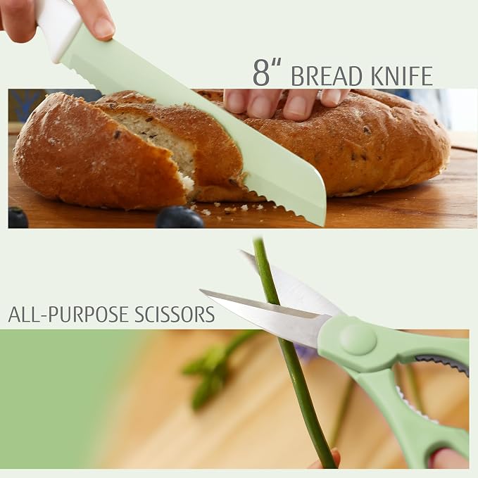 hecef 15 Pieces Green Kitchen Knife Set, Built-in Sharpening Wooden Block | Dishwasher Safe, High Carbon Stainless Steel, Includes Steak Knives & Kitchen Scissors