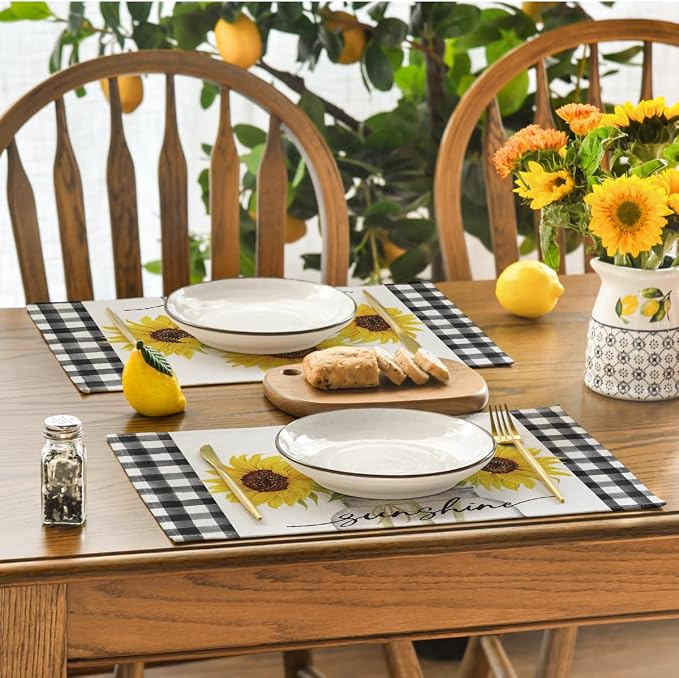 Artoid Mode Buffalo Plaid Sunflower Sunshine Vase Summer Placemats Set of 6, 12x18 Inch Spring Table Mats for Party Kitchen Dining Decoration