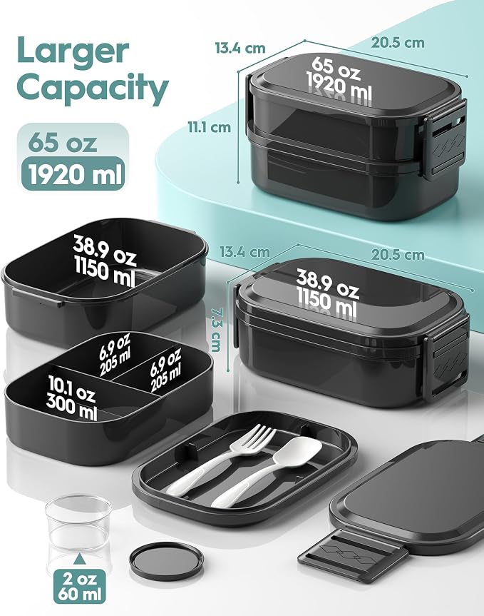 BiuLeon Bento Box Adult Lunch Box, 65 Oz Capacity Lunch Containers(Adjustable 2/3 Tier), BPA-Free, Leak-Proof and Stackable Bento Lunch Box, Microwave & Dishwasher Safe with Utensils(Black)