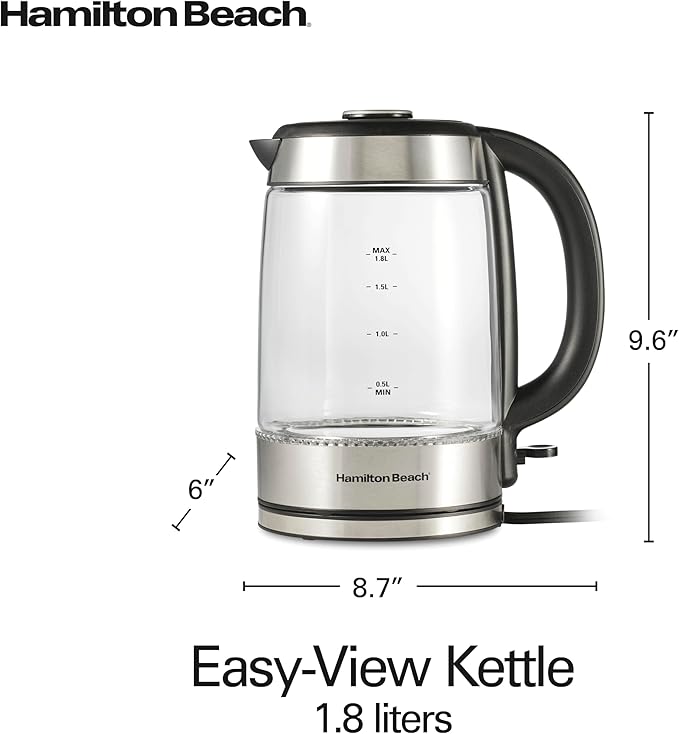 Hamilton Beach 1.8 Liter Electric Tea Kettle, Water Boiler & Heater | Fast Boiling 1500 Watts | BPA Free | Cordless Serving | Auto-Shutoff & Boil-Dry Protection | Blue LED | Clear Glass