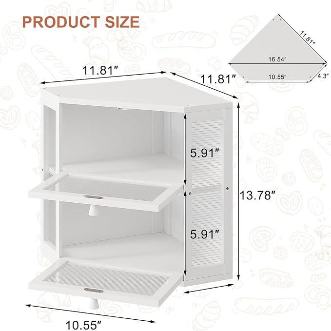 WOWLIVE Double Layer Corner Bread Box for Kitchen Countertop with 2 Doors | Bamboo Bread Storage Container, Large Farmhouse Breadbox with Acrylic Wavy Door, Under Cabinet Organizer, White, Medium