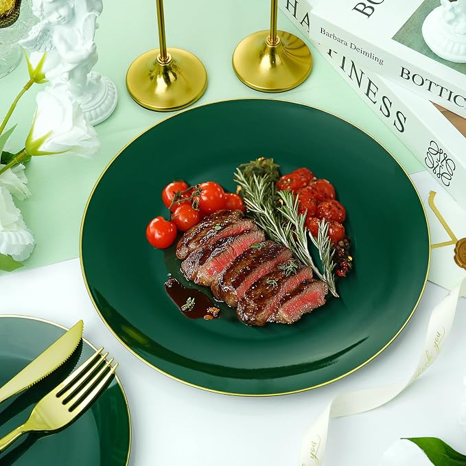 Bestluck 175PCS Green Plastic Dinnerware Set, Green Plastic Plates for 25 Guests, Include 50 Green Gold Plates with 75 Plastic Cutlery, 25 Napkins and 25 Cups